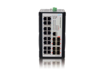 IGS-1608SM-SE-8PHE - 16 copper + 8 SFP port SNMP/web-managed Industrial PoE switch with Sync-Ethernet -  Front View