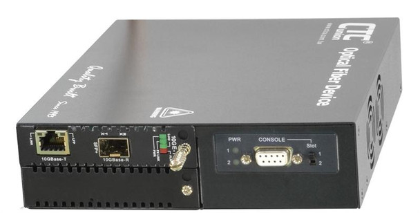 FRM220-10GC-TS - 10G Ethernet RJ45 copper to SFP+ slot media converter managed with AC PS and serial console