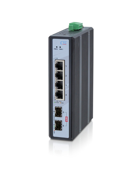IGS-402CS-4PH24 - 4 PoE+ 30W copper ports + 2 SFP ports Gigabit Ethernet compact Industrial switch, DIN rail mount - Perspective View
