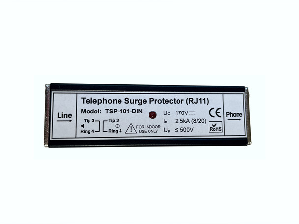 TSP-101-DIN Telephone line surge protector RJ11 in-line LED indicator, DIN rail mountable