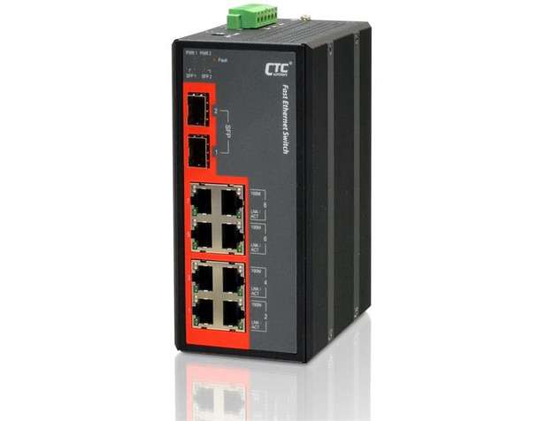IFS-802GS-E 8 port Fast Ethernet + 2 Gigabit SFP Industrial fiber switch, extreme temperature, DIN rail mount