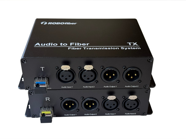 RB-AUDIO02BIDI-SFP two XLR balanced audio channels TWO WAY over fiber extender single strand SMF 20Km or MMF 1Km reach, LC connector, SET of TWO