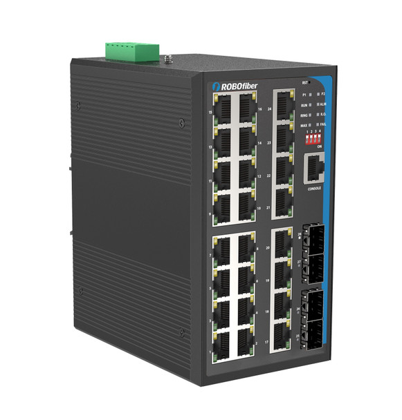 HGW-2404SM - 24x RJ45 + 4x SFP ports Gigabit Ethernet Managed Industrial fiber switch, DIN rail mount, -40 to +75 Celsius