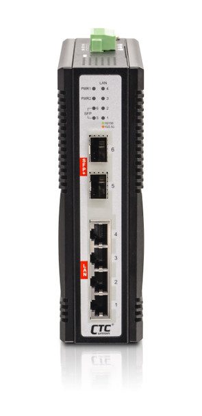 IQS-402XSM-4PH - 4 copper + 2 SFP+ ports SNMP/web-managed 2.5G Ethernet Industrial switch with 10G uplinks, 4 PoE+ ports 120W budget, DIN rail mountable - front panel