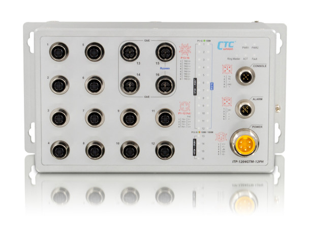 ITP-1204GTM-12PH EN50155 Managed Gigabit PoE Switch, 12x 10/100Base M12 + 4x GbE M12 with 12x PoE+ ports M12, 120W budget, 24/48/72/110VDC