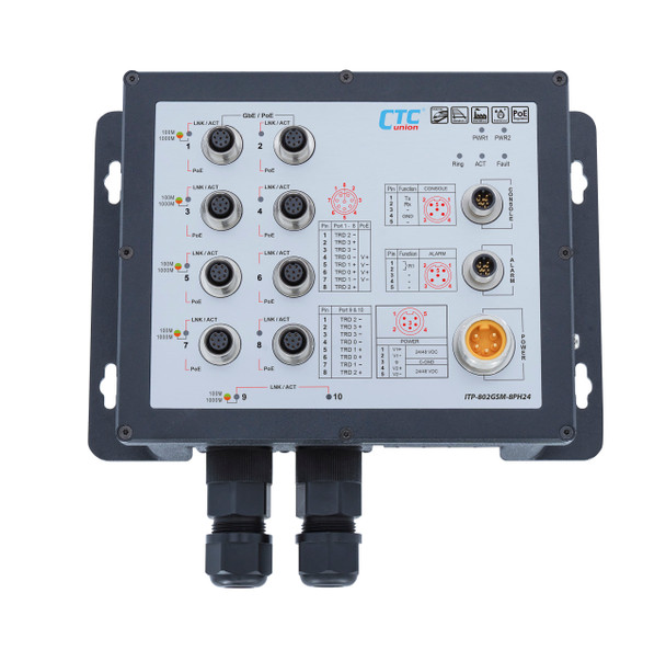 ITP-802GSM-8PHE24 - 8x 10/100M PoE + 2x Gigabit Ethernet ports managed PoE Industrial switch IP67 waterproof, DIN rail mount, -40 to +75 Celsius