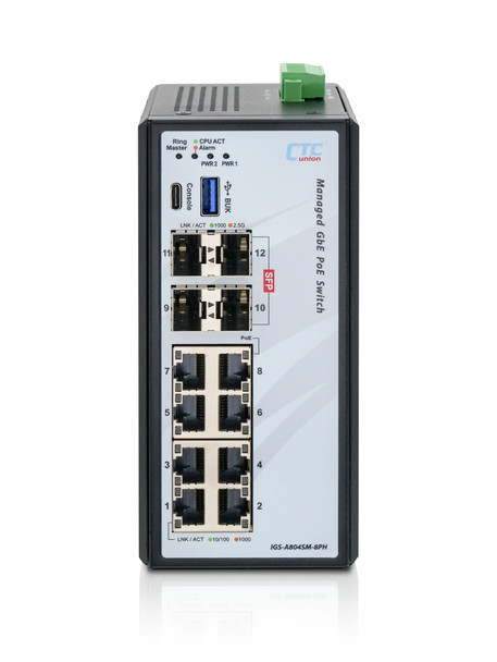 IGS-A804SM-8PHE - 12 port managed cyber-hardened Gigabit Ethernet Industrial switch, PoE 240W, extreme temperature - Front View