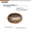 21" x 15-1/2" x 5" Hand-Hammered Copper Undermount Ellipse Lavatory Sink