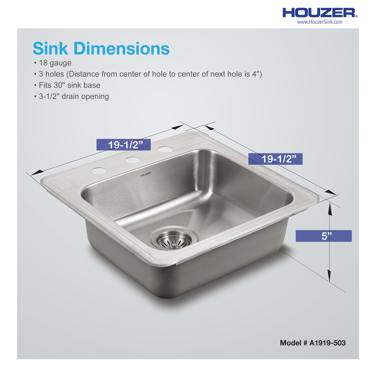Houzer ADA Compliant 19 inch Stainless Steel Drop-in Topmount 3