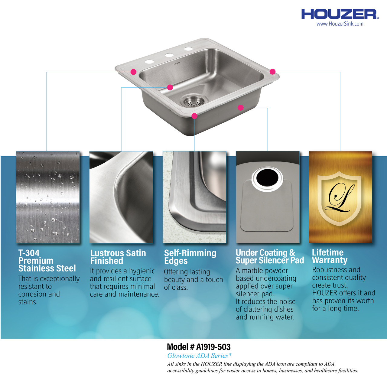Houzer ADA Compliant 19 inch Stainless Steel Drop-in Topmount 3