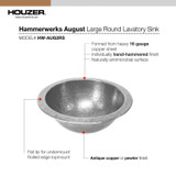 16-3/4" Hand-Hammered Copper Undermount August Pewter Lavatory Sink