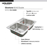 Houzer Glowtone 33" Stainless Steel Drop-in Topmount 3-hole 60/40 Double Bowl Kitchen Sink