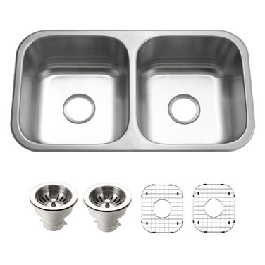 Houzer Belleo 32" Stainless Steel Drop-in Topmount 50/50 Double Bowl Kitchen Sink with Strainers & Grids