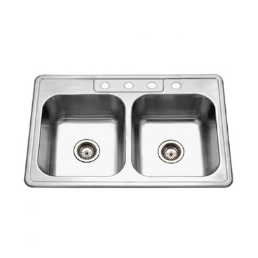 Glowtone Series Topmount Stainless Steel 4-hole 50/50 Double Bowl Kitchen Sink, 8-Inch Deep