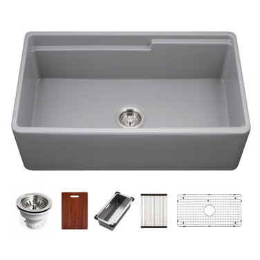 Houzer Platus 33" Fireclay Apron Front Workstation Single Bowl In Matte Grey