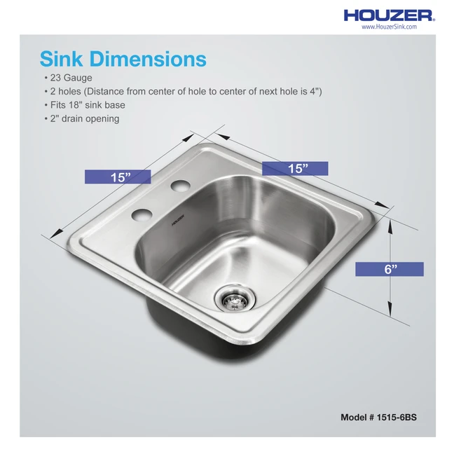 Dimension drawing for Houzer Hospitality 15" Stainless Steel Drop-in Topmount 2-hole Single Bowl Bar and Prep Sink