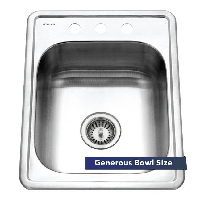 Houzer ADA Glowtone 17" Stainless Steel Drop-in Topmount 3-hole Single Bowl Kitchen Sink with Strainer
