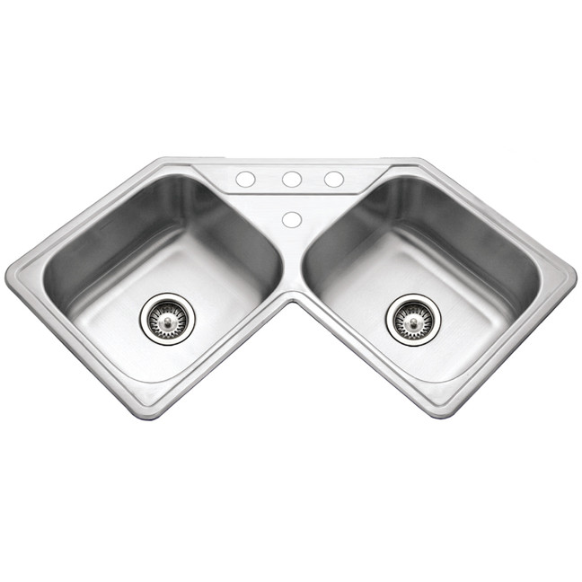 Houzer Legend 32" Stainless Steel Drop-in Topmount 4-hole 50/50 Double Bowl Corner Kitchen Sink with Strainer