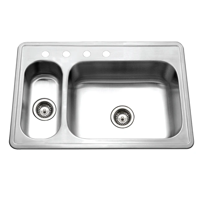 Houzer Legend 33" Stainless Steel Drop-in Topmount 4-hole 80/20 Double Small Left Bowl Kitchen Sink with Strainer