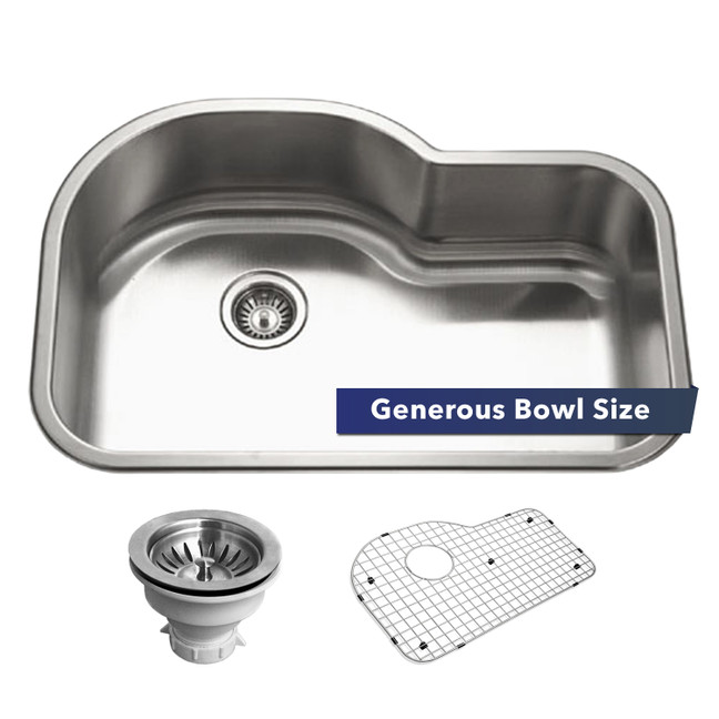 Houzer Belleo 32" Stainless Steel Drop-in Topmount Single Bowl Offset Kitchen Sink with Strainer & Grid