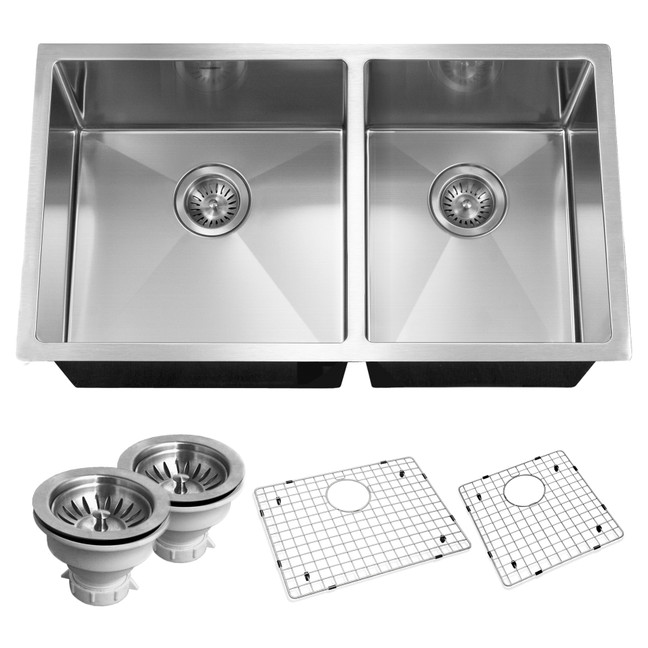 Houzer Savior 32" Stainless Steel Undermount 60/40 Double Bowl Kitchen Sink with Strainer & Grids