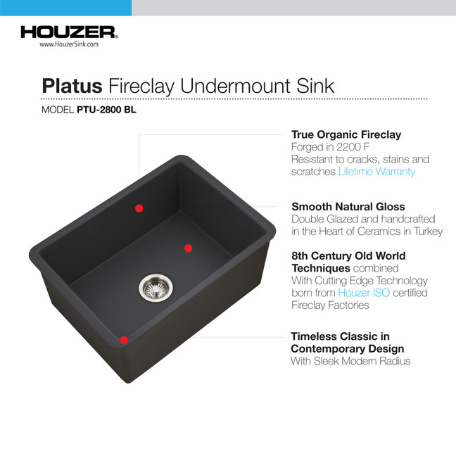 Houzer Platus 26" Fireclay Undermount Single Bowl Kitchen Sink