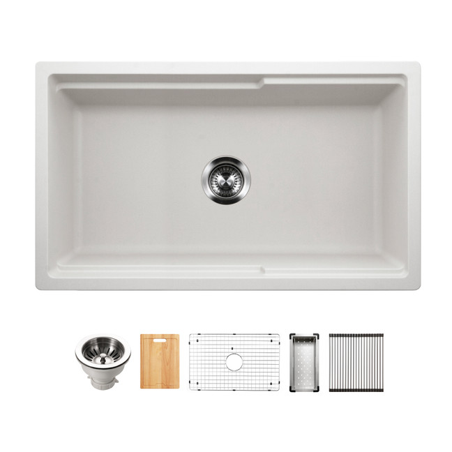 Houzer Quartztone 33" Apron Front Farmhouse Granite Composite Workstation Kitchen Sink with Accessories