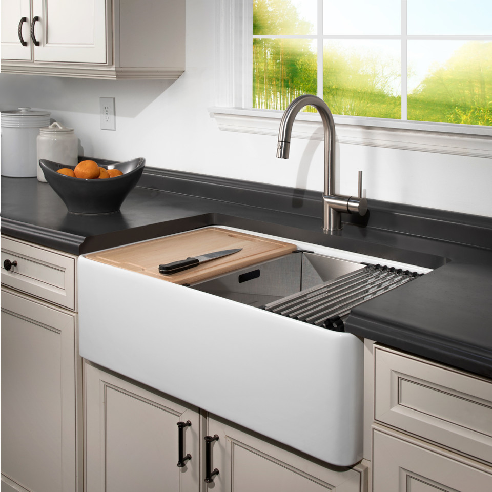 HOUZER white fireclay farmhouse workstation sink