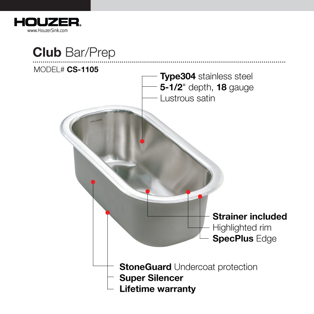 Houzer Club 10" Edelstahl Unterbau Einzel Schüssel Bar Spüle mit Sieb - Bild 11 von 21