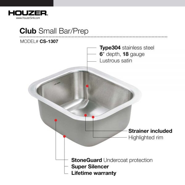 Fregadero de barra de tazón único con colador Houzer Club de 13" de acero inoxidable con montaje inferior - Imagen 14 de 24