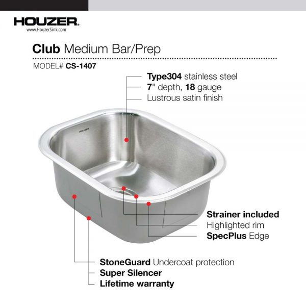 Houzer Club 14" Stainless Steel Undermount Single Bowl Bar Sink with Strainer - Picture 13 of 21