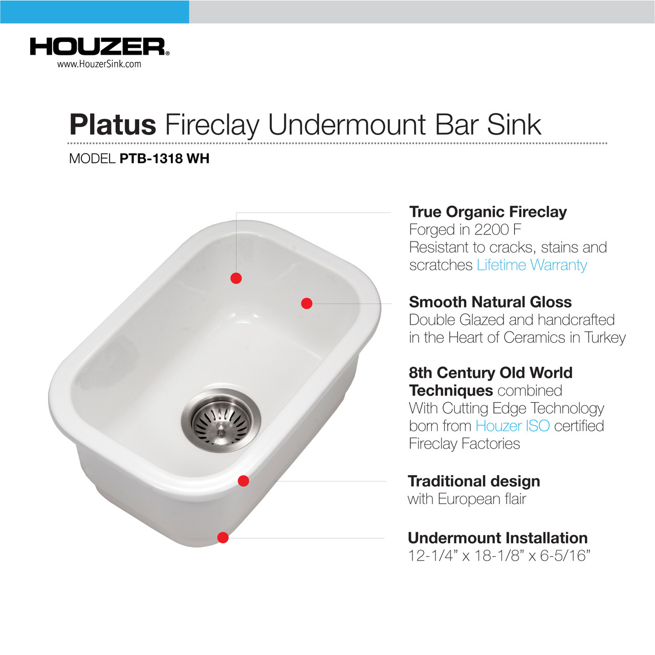 Houzer Platus 13" weiß Schamotte Unterbau Einzel Schüssel Bar Spüle PTB-1318 BQ - Bild 16 von 24
