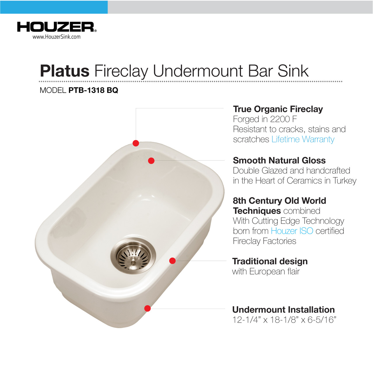 Houzer Platus 13" weiß Schamotte Unterbau Einzel Schüssel Bar Spüle PTB-1318 BQ - Bild 21 von 24