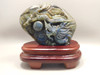 Dragon Figurine Labradorite Stone Chinese Carving in Wood Base #O355