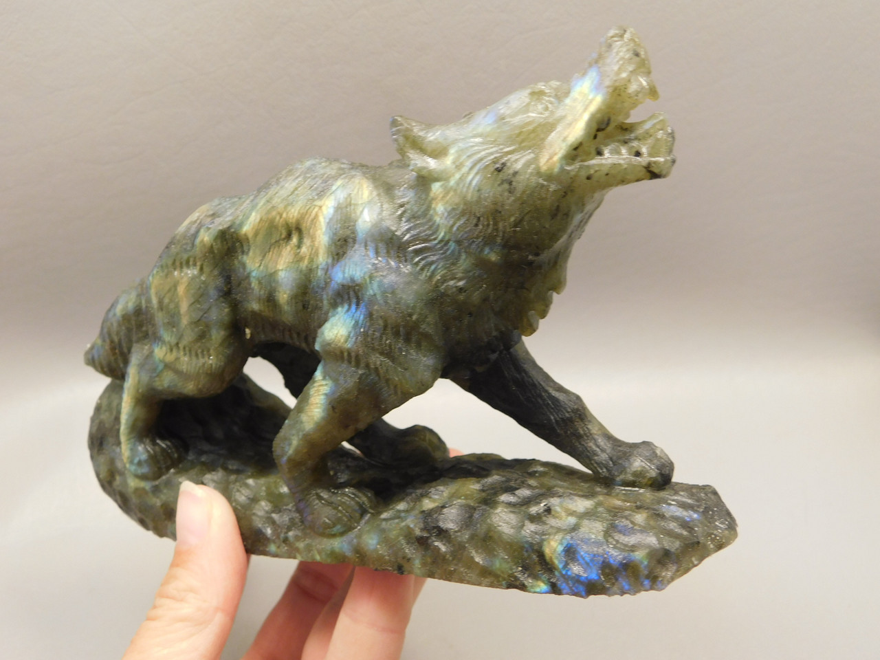 Wolf Figurine Labradorite Gemstone Animal 6.25 inch Coyote Carving #O492