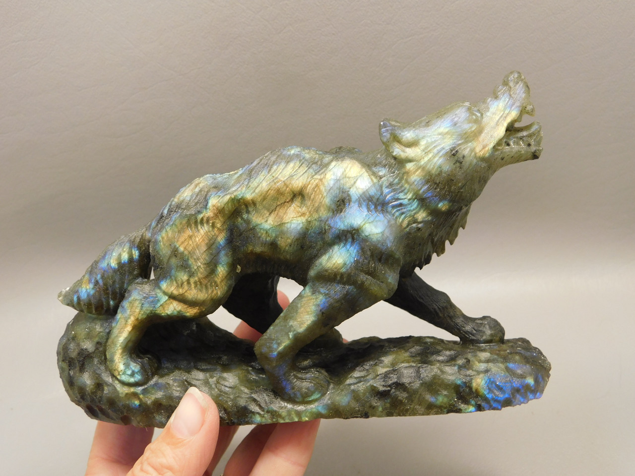 Wolf Figurine Labradorite Gemstone Animal 6.25 inch Coyote Carving #O492