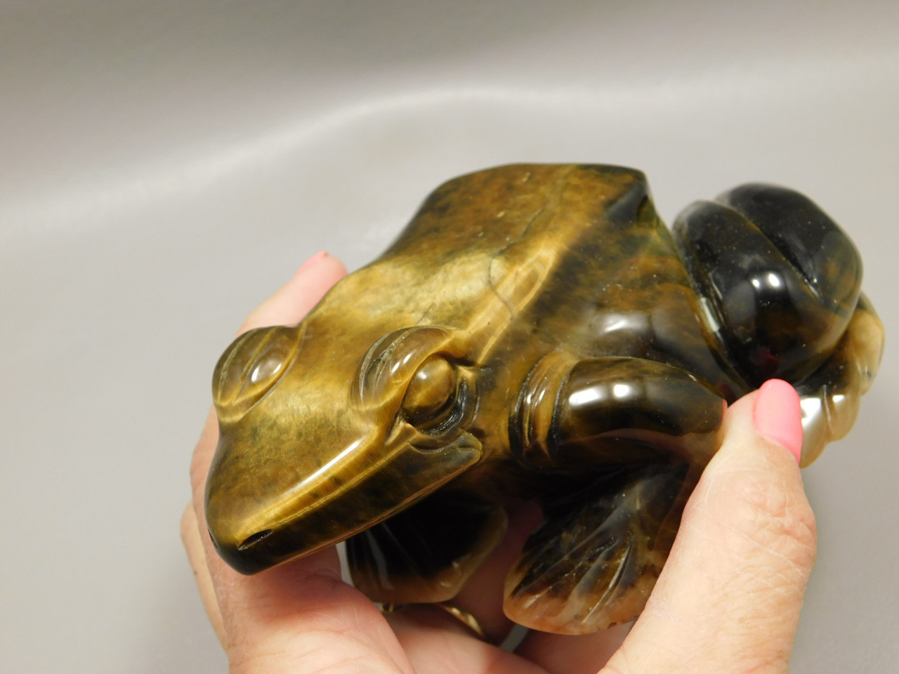 Frog Toad Figurine Tigereye 5 inch Carved Rock Stone Animal #O279