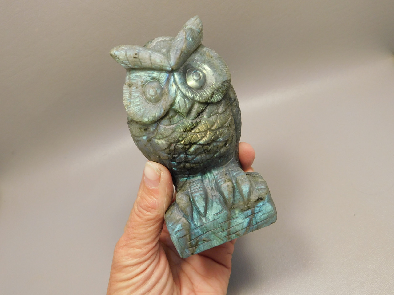Owl Figurine Labradorite Gemstone 4.26 inch Animal Stone Carving #O63