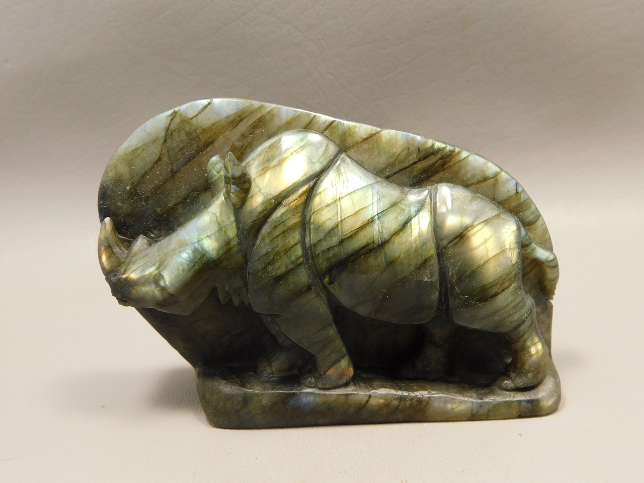 Rhinoceros Figurine Labradorite Polished Carved Stone Animal #O370