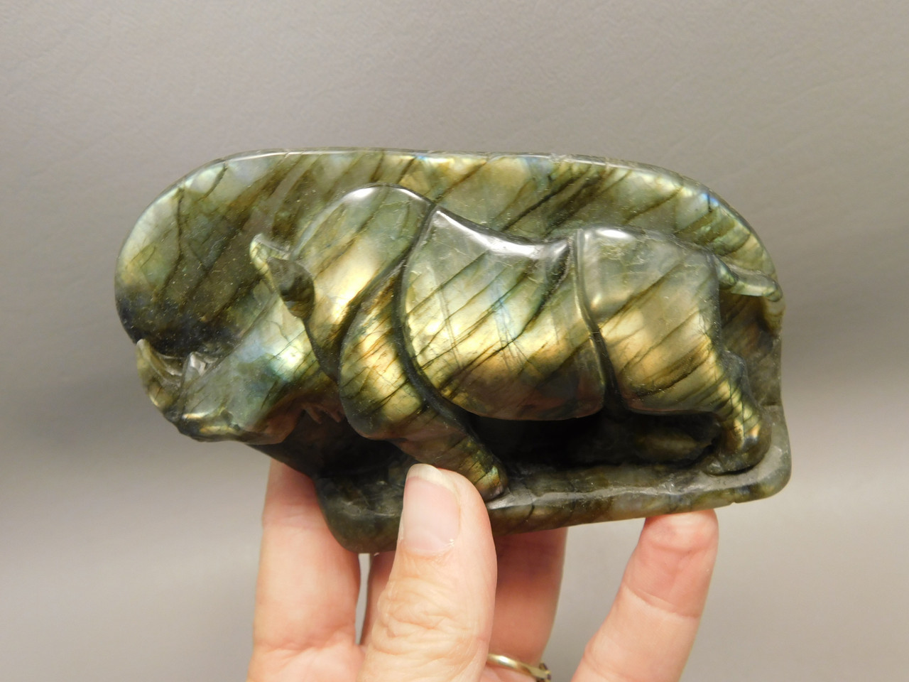 Rhinoceros Figurine Labradorite Polished Carved Stone Animal #O370