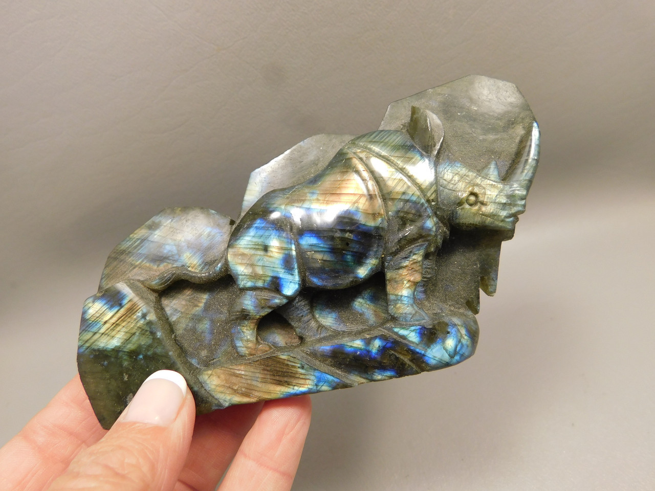 Rhinoceros Figurine Labradorite Polished Carved Stone Animal #O27
