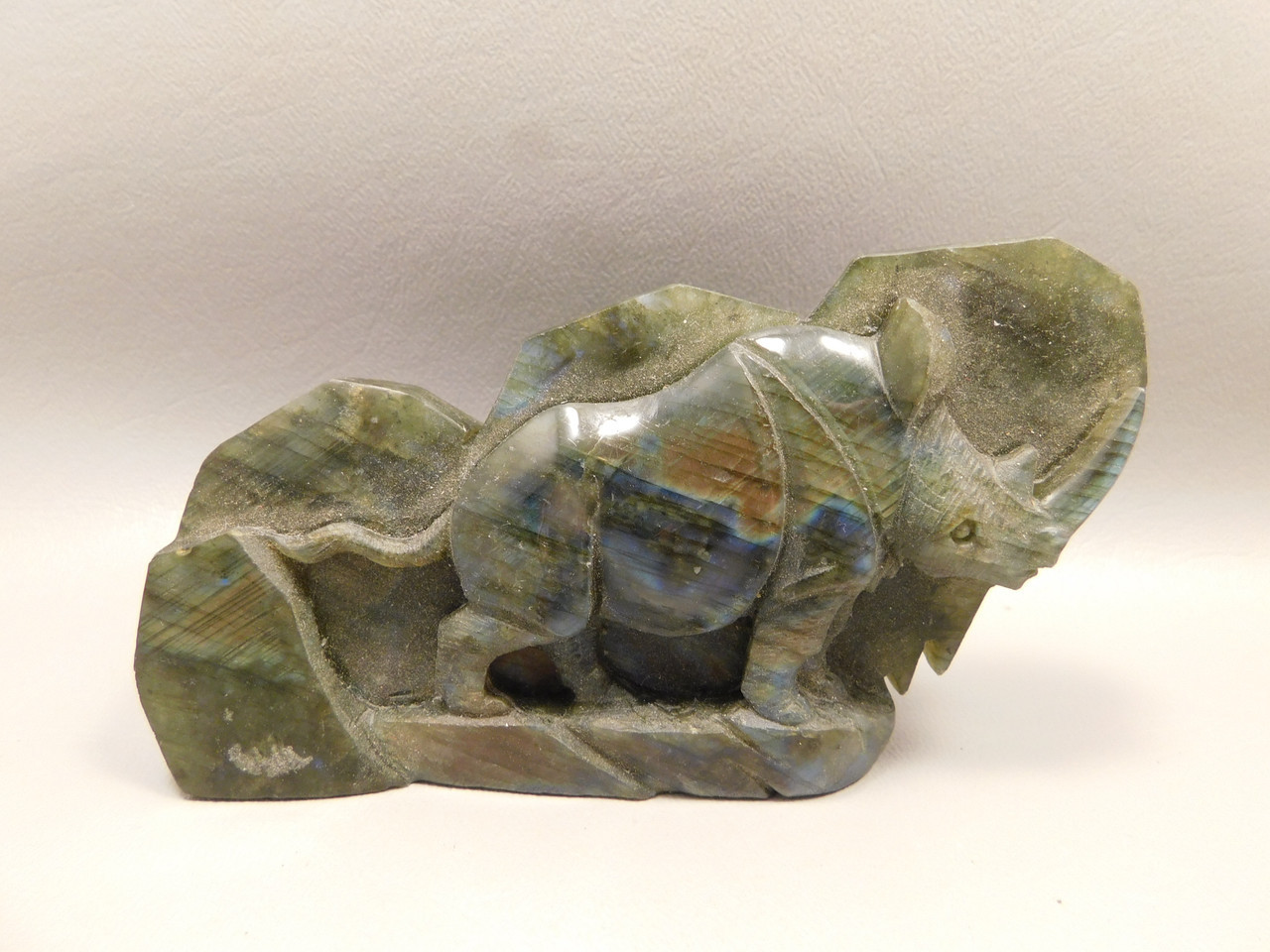 Rhinoceros Figurine Labradorite Polished Carved Stone Animal #O27