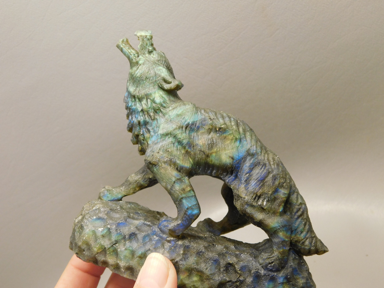 Wolf Figurine Labradorite Stone Animal 4.3 inch Coyote Carving #O205