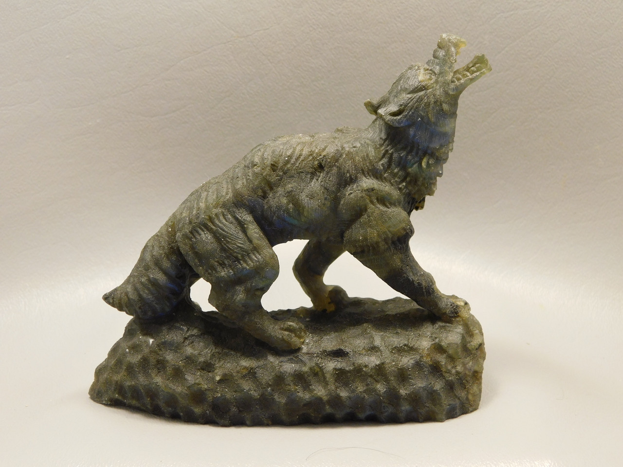 Wolf Figurine Labradorite Stone Animal 4.3 inch Coyote Carving #O205