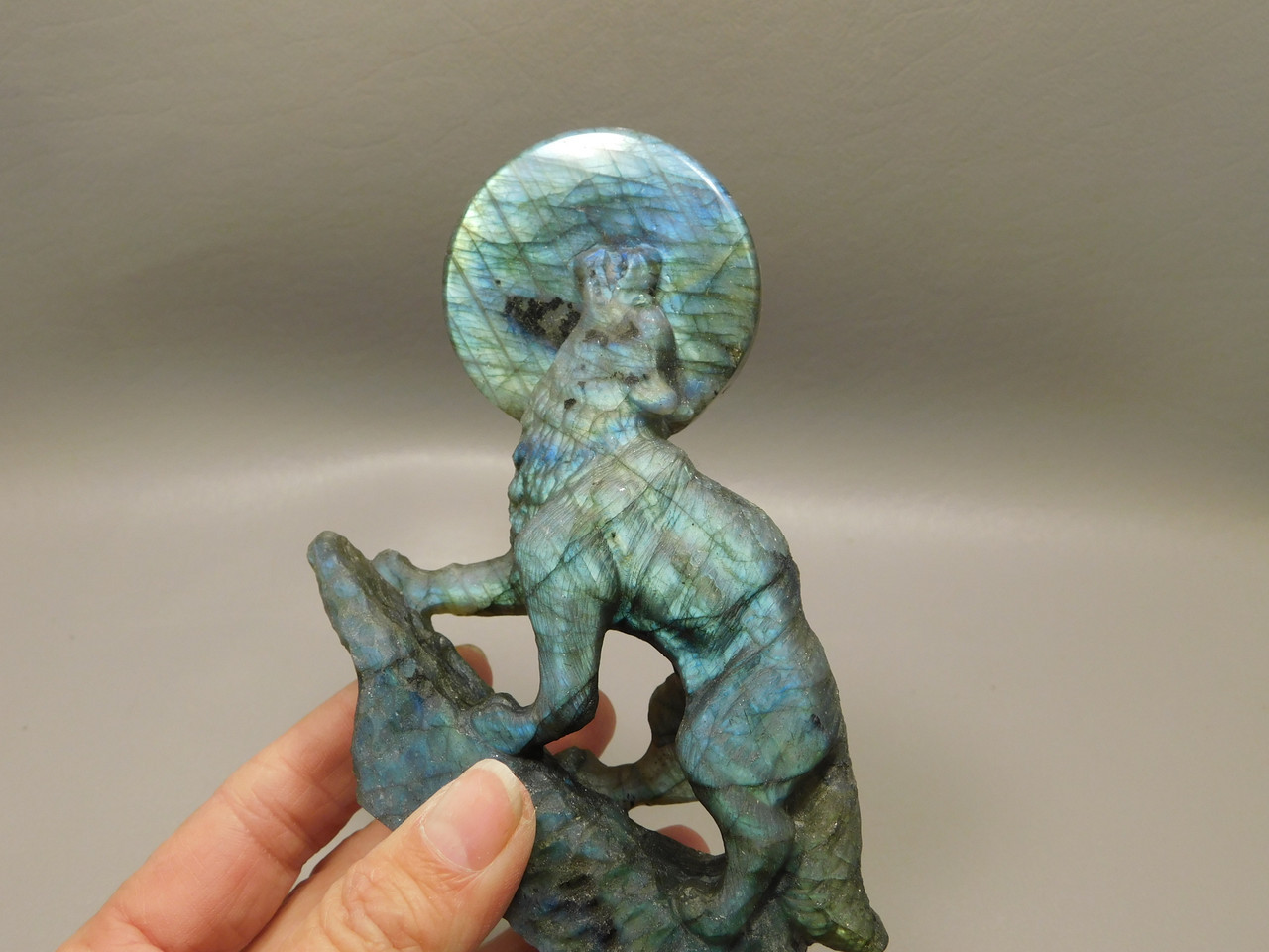 Howling Wolf Moon Figurine Labradorite 4.2 inch Coyote Carving #O305