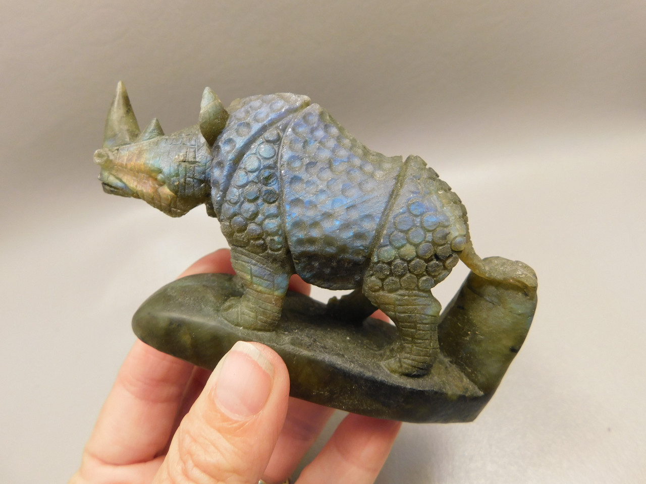 Rhinoceros Figurine Labradorite Carved Stone Animal #O117