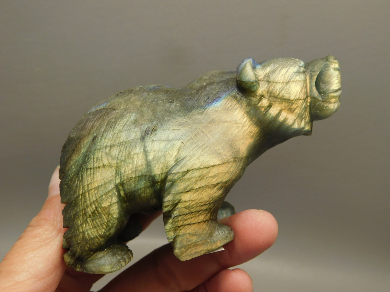 Bear Figurine Labradorite 3.6 inch Animal Fetish Stone Carving #O58