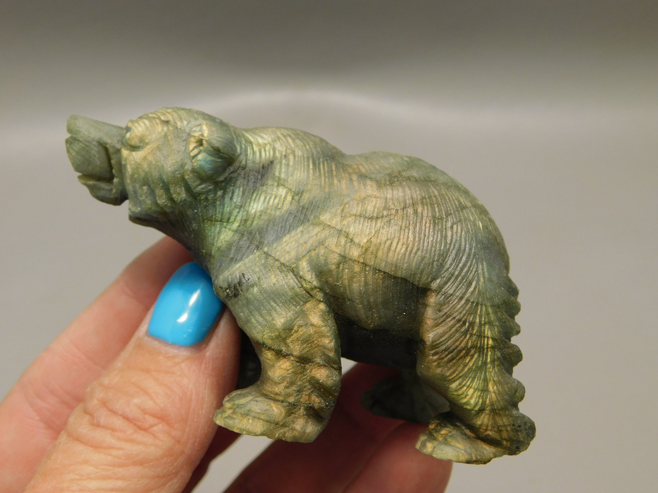 Bear Fetish Labradorite 2.75 inch Animal Stone Carving Figurine #O5