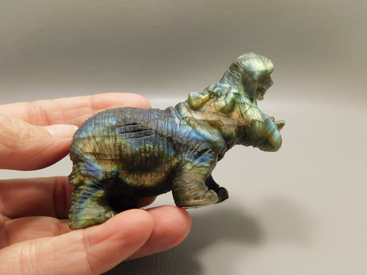 Hippopotamus Figurine Labradorite Carved 3 inch Stone Animal #O91
