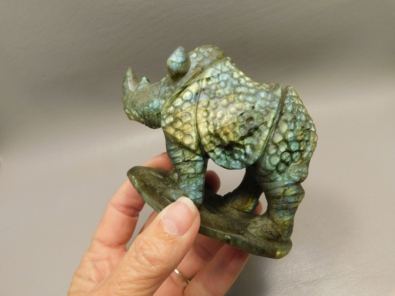 Rhinoceros Figurine Labradorite Hand Carved Stone Animal #O115